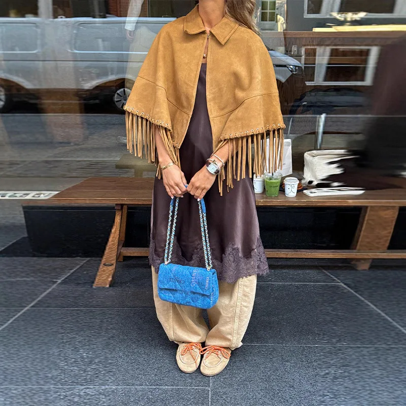 

2025 Autumn and Winter Women's Clothing New Lapel Fringed Hem Cape Jacket Elegant Fashion Thin Versatile