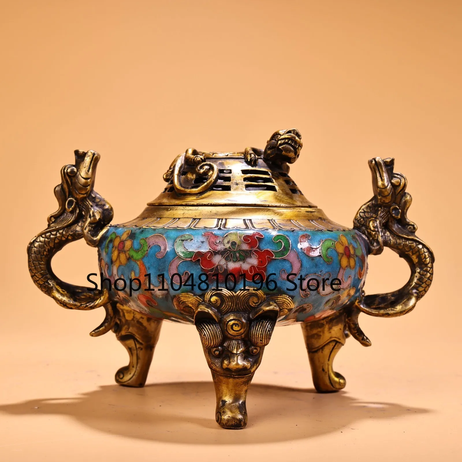 Bronze Cloisonn Chinese Loong Statue Panlong Ear Statue Ear Incense Burner
