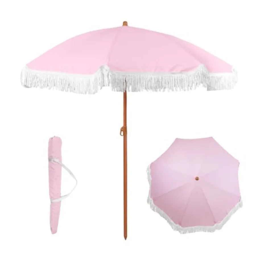 

6 Feet Fringe Patio Umbrella for Outdoor Use in Garden, Deck, Pool, Beach Boho Vintage Tassels Wood Print Design, Push Button T