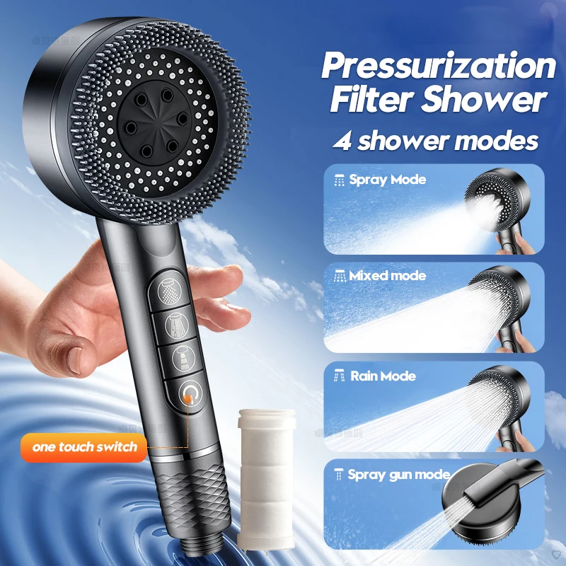 

4 Modes Shower Head High Pressure Showerhead One-Key Stop Water Massage,Rainfall Faucet Tap Bathroom Bath Home Accessories