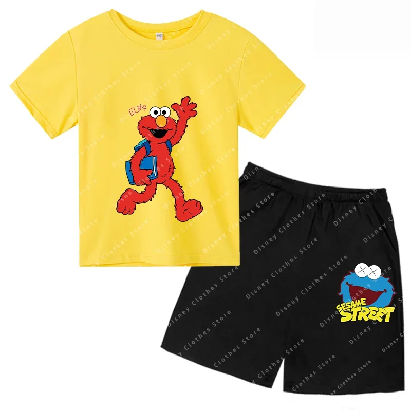 2024 ELMO Summer Kids T-shirt Boys Girls Ages 3-12 Short sleeve T-shirt Anime printed cotton crewneck casual interest top set