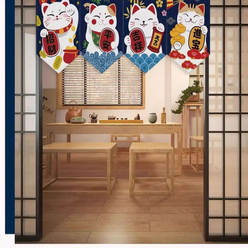 VIKAMA Maneki Neko Navy Triangle Curtain, 6 Designs, Doorway Decor for Bedroom Living Room Kitchen