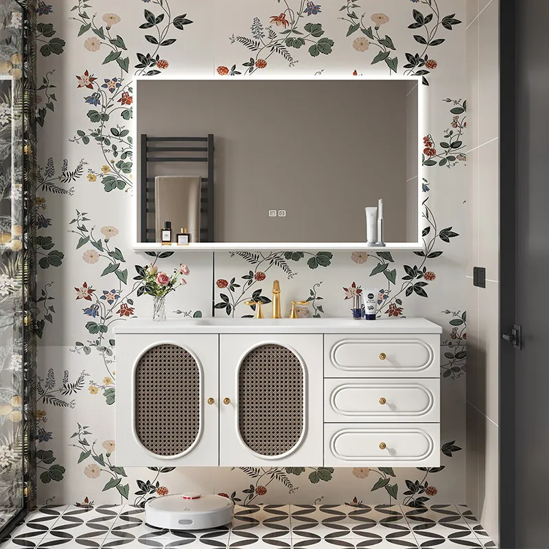 

Интегрированный шкаф для ванной комнаты с раковиной, роскошная тумба из дуба и ротанга от пола до потолка, тумба для ванной из каменной плиты с горячей гибкой обработкой.