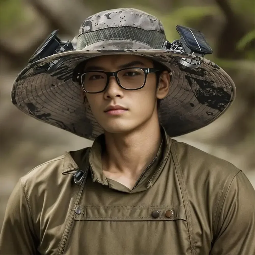2026 New Upgrade Men Summer Hunting Sun Hat, Solar Powered Cooling Fan Cap, Rechargeable Battery, UV Protection Breathable Wide
