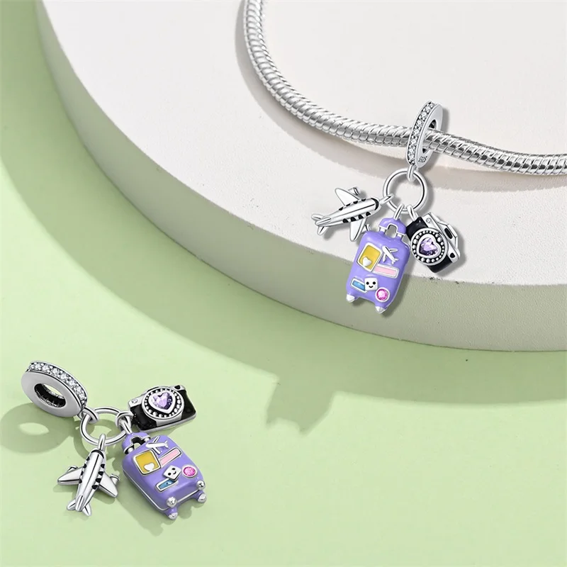

Original 925 Sterling Silver Purple Luggage Charms Pendant Fit 3mm Original Bracelet DIY Women Fine Travel Vacation Jewelry Gift