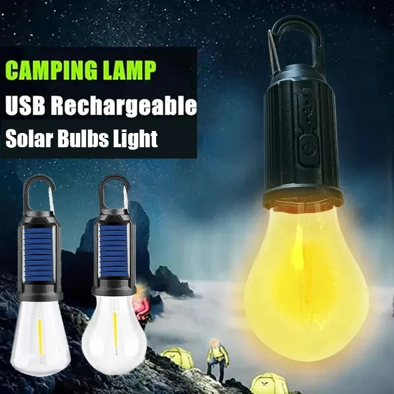 LED Solar Camping Light USB Rechargeable Vintage Bulb Dimmable with Hook for Tent Hiking Outdoor Lantern Waterproof IP65