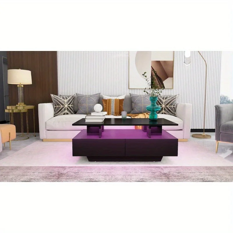 High Gloss Coffee Table Center Cocktail Table with LED Lights & Sliding Drawers