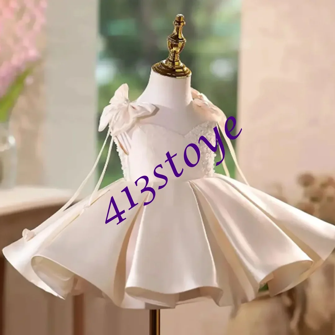 Abiti da ragazza di fiore avorio personalizzati per perle di pizzo da sposa con fiocco in raso elegante abito da festa di compleanno per occasioni formali per bambini