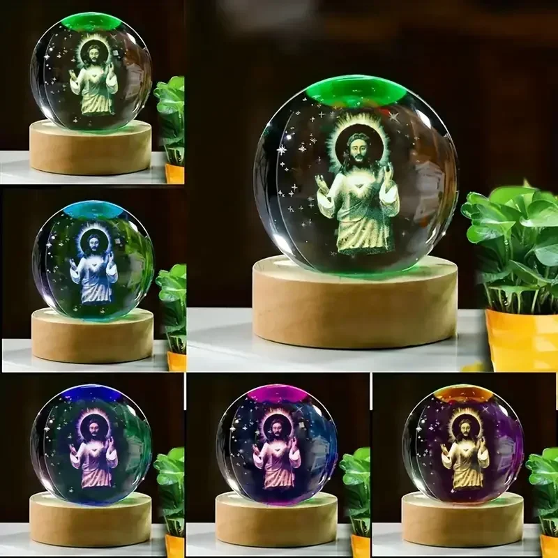 1pc, Halo Jesus Crystal Ball Nightlight, Birthday Gift Glass Ball, Wooden Base Home Lamp Decoration, Graduation Gift