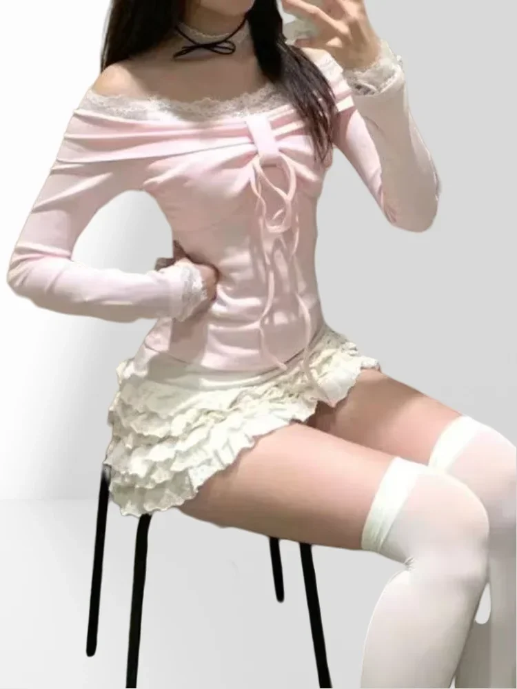 Japanese Sweet Long Sleeve Women Slim Tops Elegant Chic Bow Off Shoulder Vintage T-Shirt Cute Lace Up Skirt French 2025 Spring