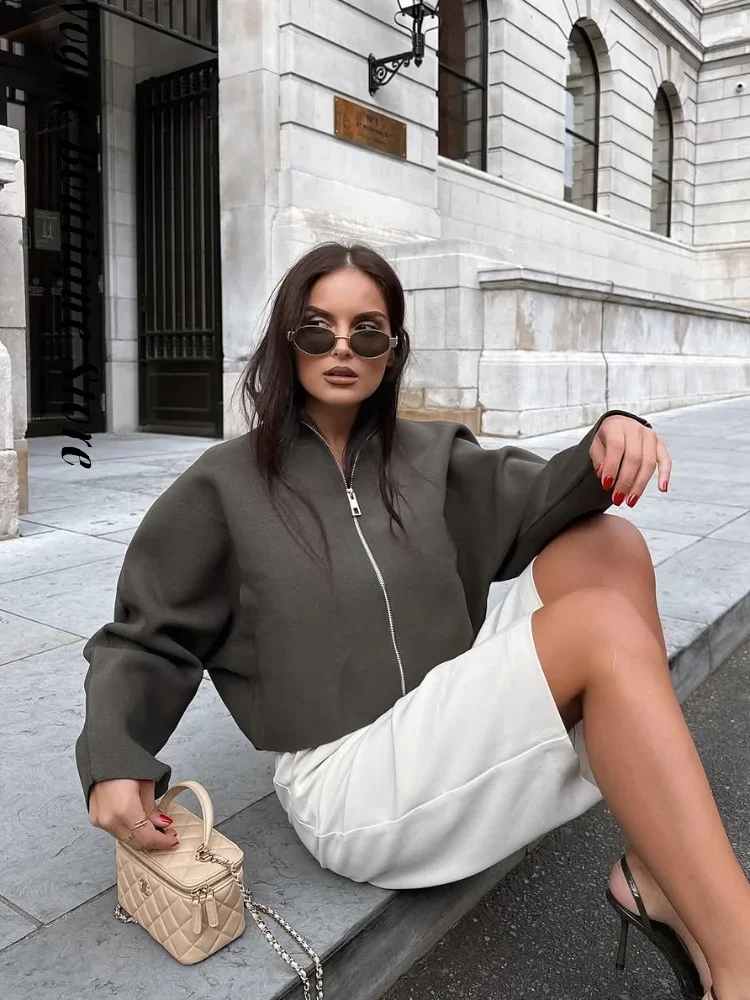 

Повседневная женская укороченная куртка с воротником-стойкой, однотонная свободная куртка на молнии с длинными рукавами, женское пальто 202, осенняя модная женская уличная верхняя одежда