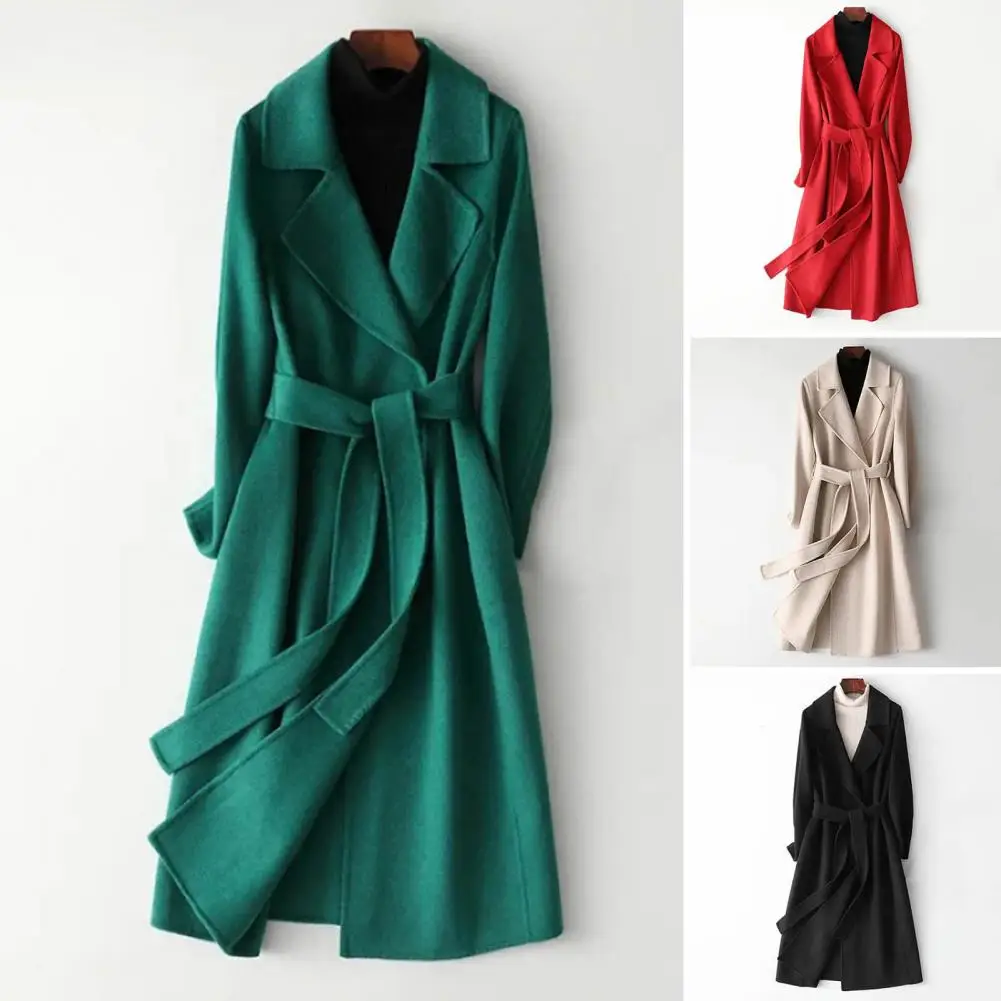 Women Autumn Winter Woolen Coat Lapel Long Sleeve Slim Fit Coat With Belt Solid Color Mid-calf Length Overcoat