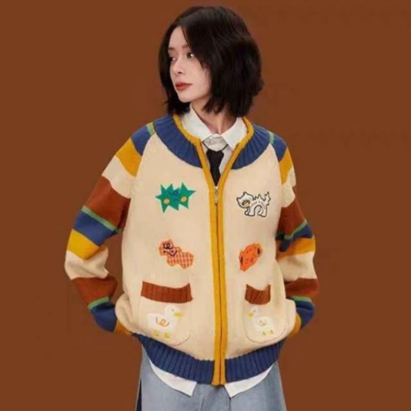Japanese Vintage Sweet Knitted Cardigans Y2k Aesthetic All Match Contrast Color Coats Women Cartoon Embroidery Sweaters Jumper