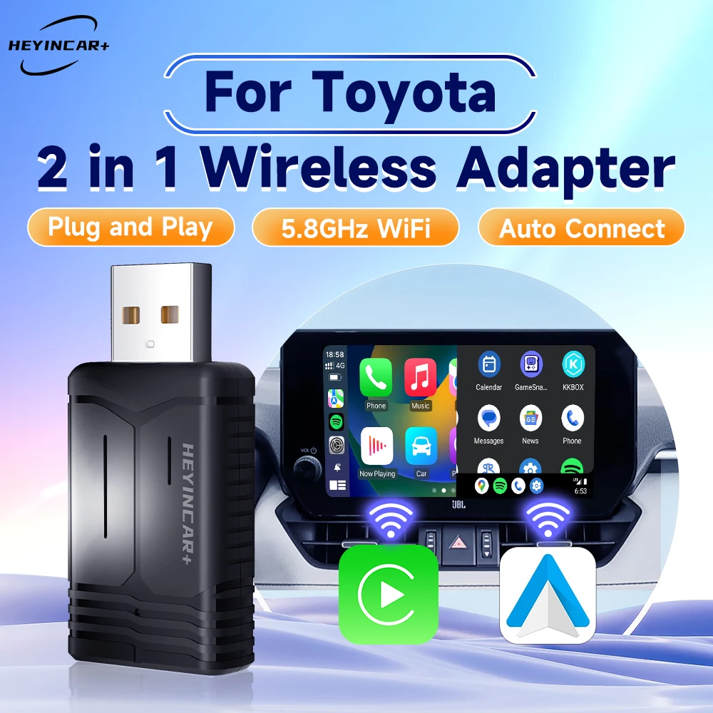 2024  HEYINCAR 2in1 Wireless Android Auto Adapter Carplay Wireless For Toyota RAV4 Camry Corolla Crown Highlander Tacoma Prius