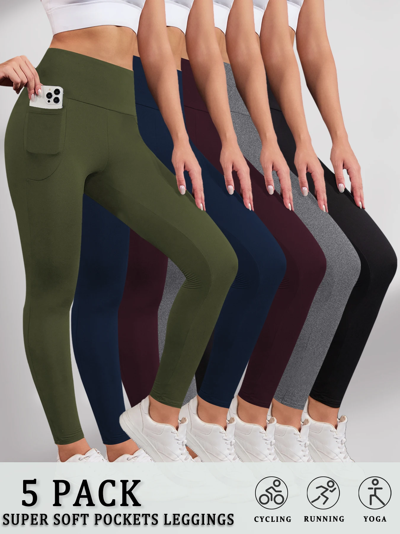 

5 Pack Super Soft Sports Leggings With Pockets For Women High Waisted Workout Yoga Running Tight Pants Push Up Gym Fitness