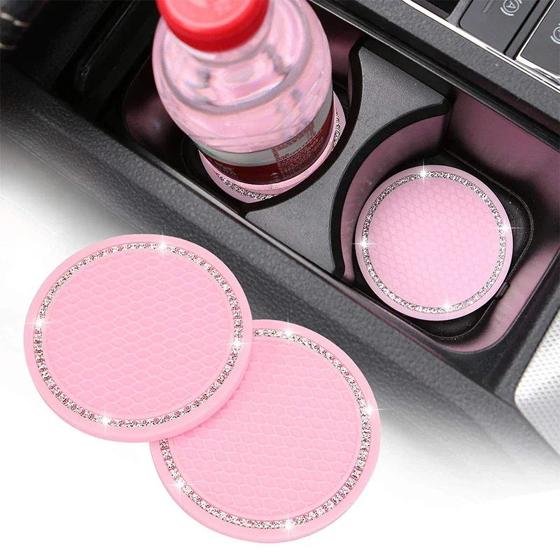 

2pcs Car Rhinestone Cup Holder Beverage Mat Interior Anti Slip Mat Round Durable Cup Mat Car Accessories