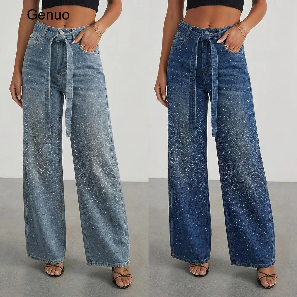 2026 Rhinestone Embellished Tie Waist Wide Leg Denim Jeans High Waist Loose Floor Length Trousers