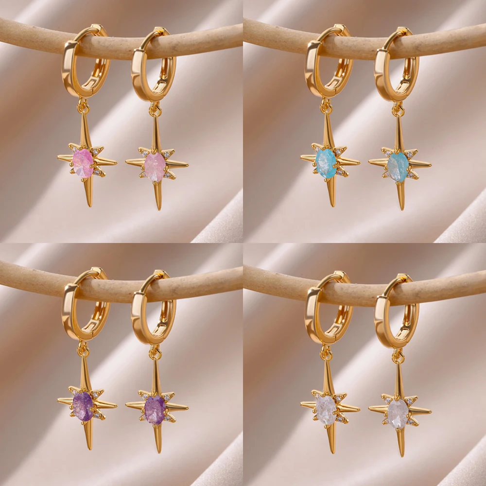 Eight-Pointed Star Earrings for Women Cubic Zirconia Stainless Steel Dangle Earrings 2023 Trend Wedding Jewelry free shipping