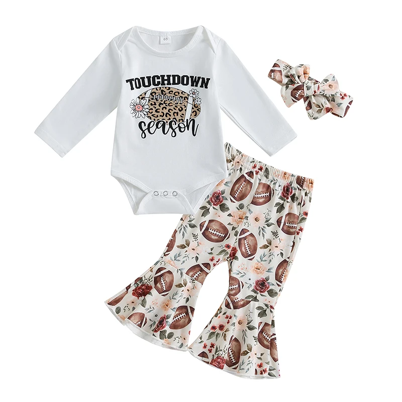 Baby Girls Fall Outfit Long Sleeve Letters Rugby Print Romper with Flower Flare Pants and Headband Clothing Set