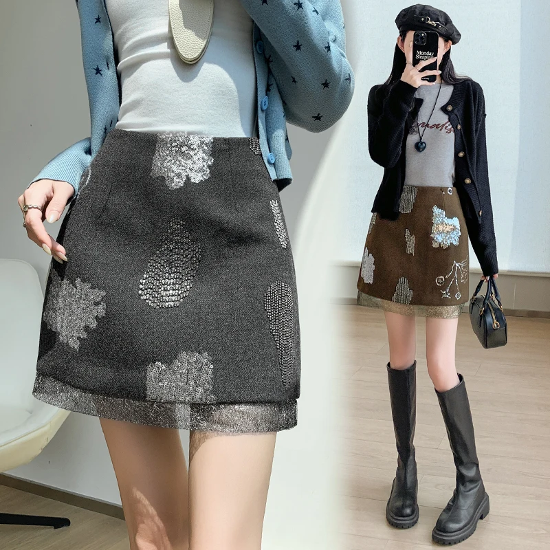 Sequin Beaded Wool A-Line Bodycon Mini Skirt for Women Fall Winter High-Waist Slim Sweet Short Skirts