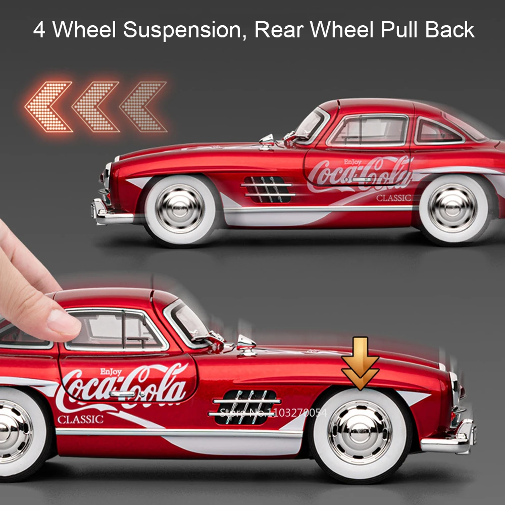 1:24 300SL 500K Metalowy Model Samochodu Vintage Odlewany Ciśnieniowo Zabawka Dźwięk Światło Napęd Pull Back Miniaturowy Pojazd Otwierane Drzwi Modele Prezent dla Chłopca Kolekcjonerski