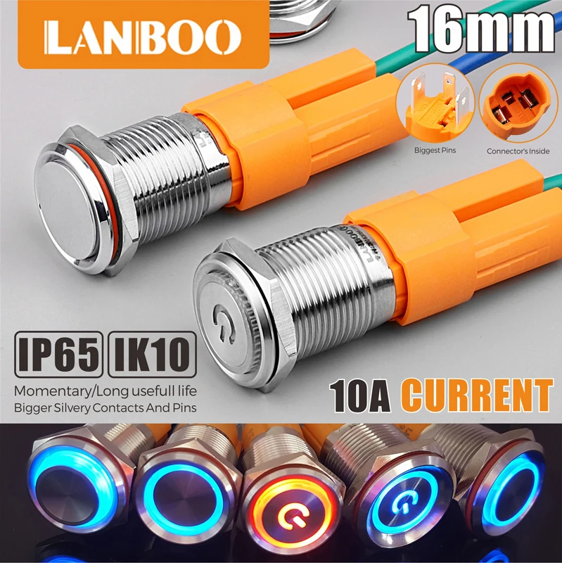 LANBOO Factory 16mm 19MM High current 10A high-power 12V 24V 220V LED light latching momentary self-lock push button switch