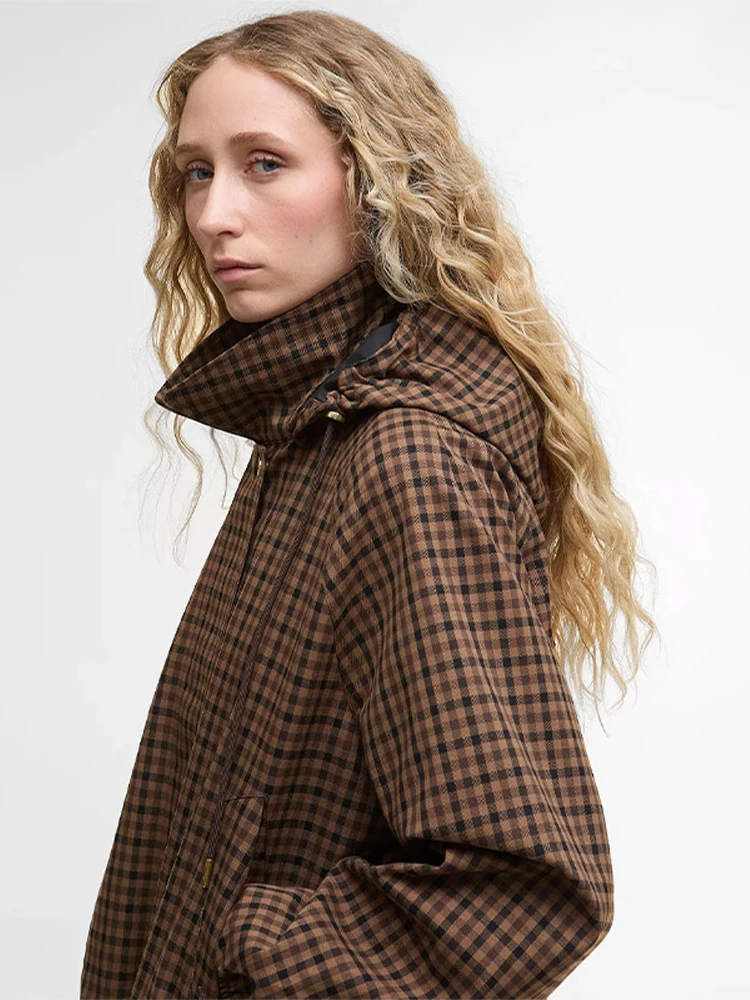 

Женская повседневная куртка в клетку с капюшоном, винтажная, с воротником-стойкой, однобортная, весна 2026, шикарная уличная верхняя одежда