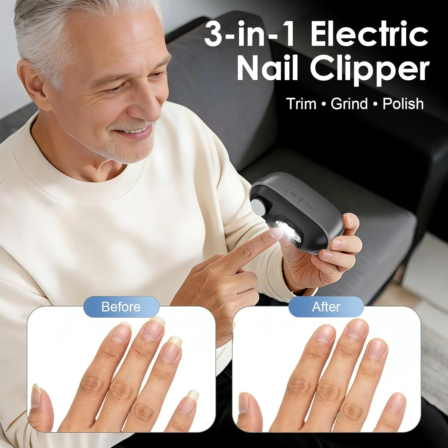 Electric Nail Clipper 3‑in‑1, Type‑C Fast Charge Magnetic Lid, Auto Grinder Trimmer for Seniors Adults, Painless Safe Nail File