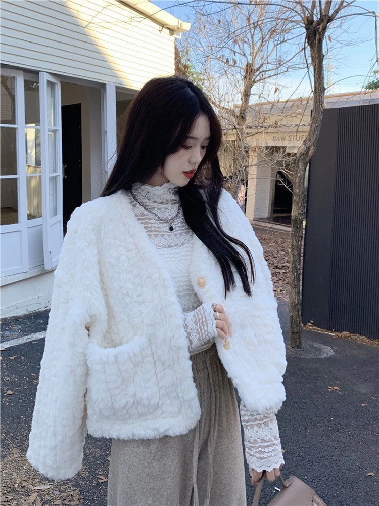 Zoki Elegant Faux Fur Lamb Coats Women Winter Thick Sweet Korean Jackets Fashion Warm Plush Long Sleeve Casual Buttons Outwear