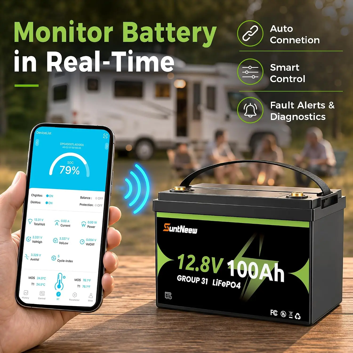12V 100Ah LiFePO4 Battery Group 31 Bluetooth 15000+ Deep Cycles-3 Pack, Customized