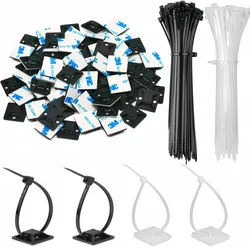 100PCS  Self-locking plastic nylon tie  + Nylon Square Plastic 3M Self Adhesive Wire Zip Fixed Seat Holder Cable Tie Mount Base