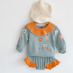 2024 Toddler Baby Girls Clothes Suit Long Sleeved Knitted Embroidered Pullover Sweater+PP Shorts Autumn Spring Baby Clothing Set