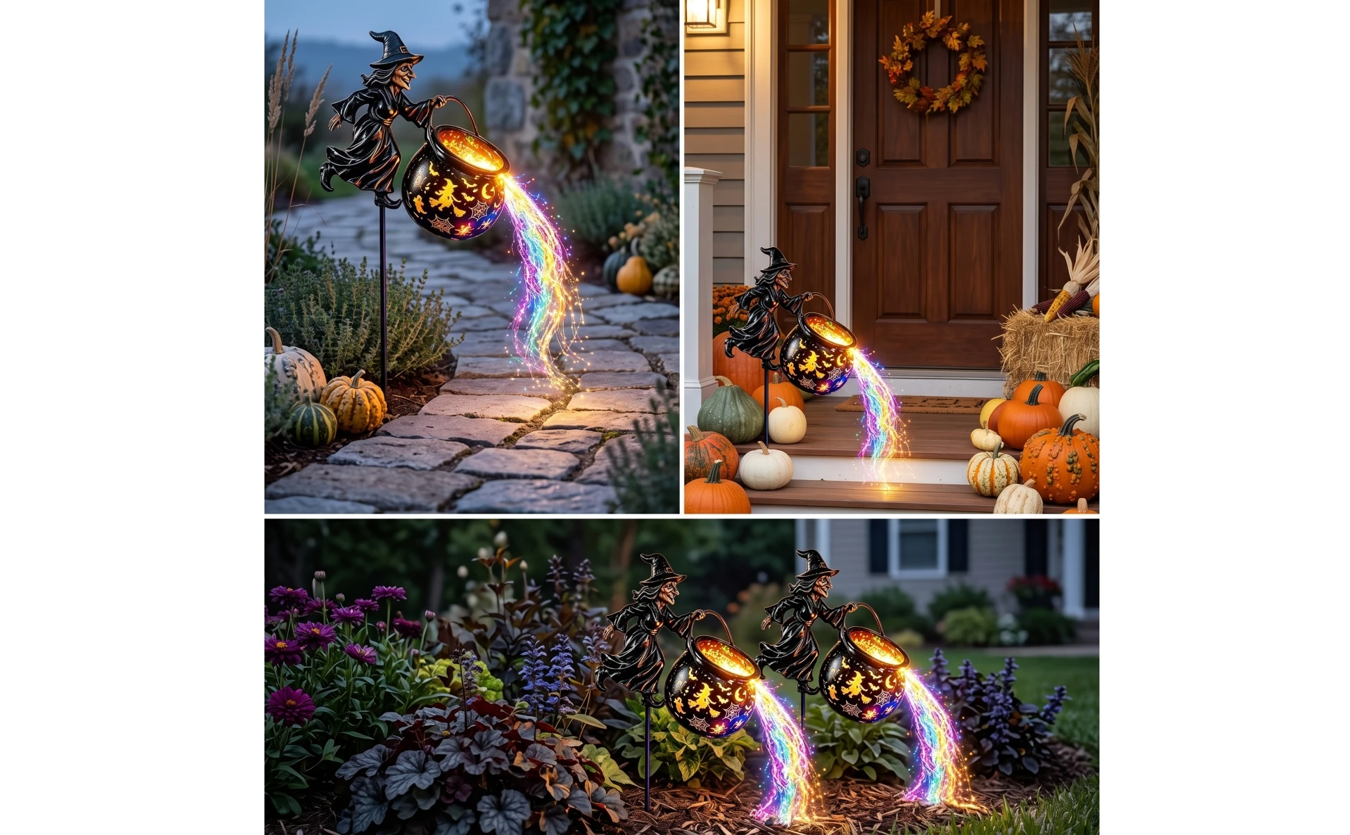 Halloween Witch Cauldron-Style Pot Garden Light Outdoor Halloween Witch Decor with Stake Garden Light with Stake Illuminated