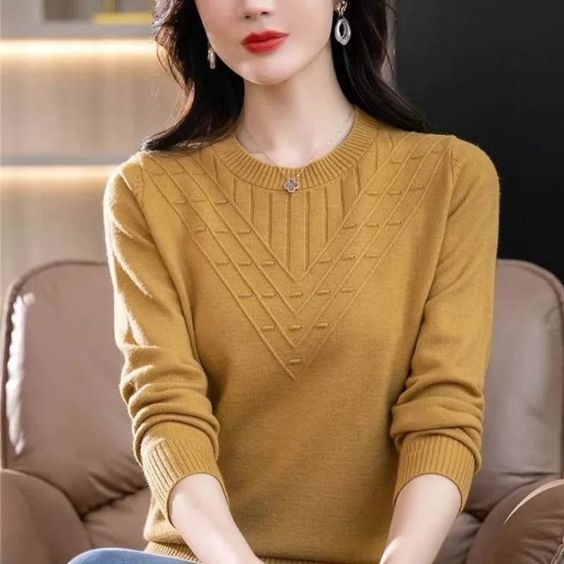 Temperament Spring Autumn Solid Color Women\'s Round Neck Screw Thread Fashion Elegant Long Sleeved Loose Sweater Knitted Tops