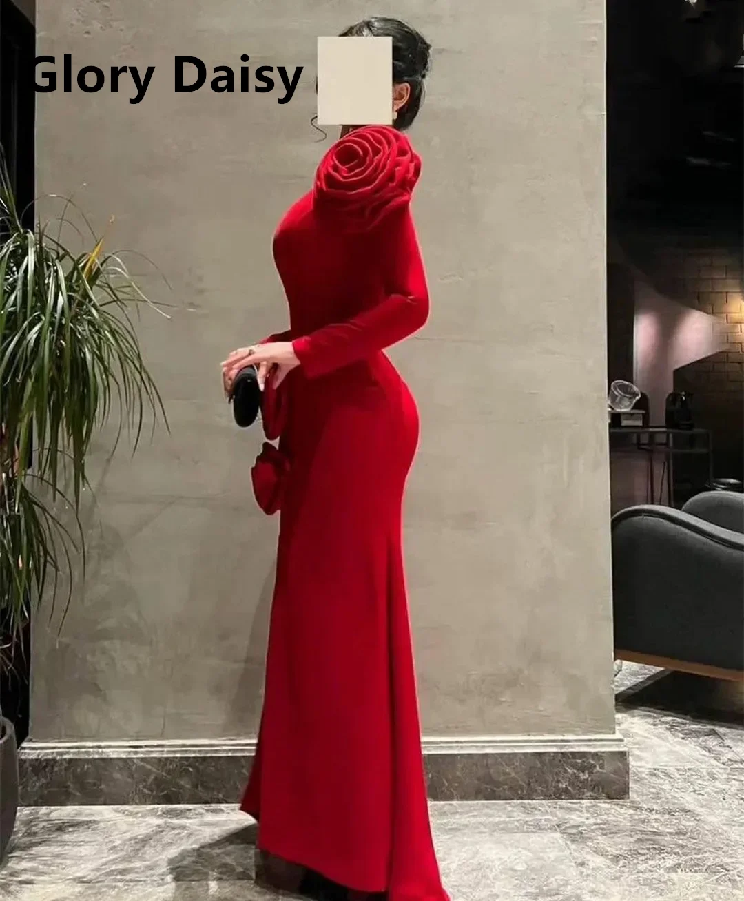 Red Prom Dresses Slit High Neck Hand Flowers Elegant Evening Gowns  Long Sleeve Crepe Formal Occasion Wedding Party Dresses