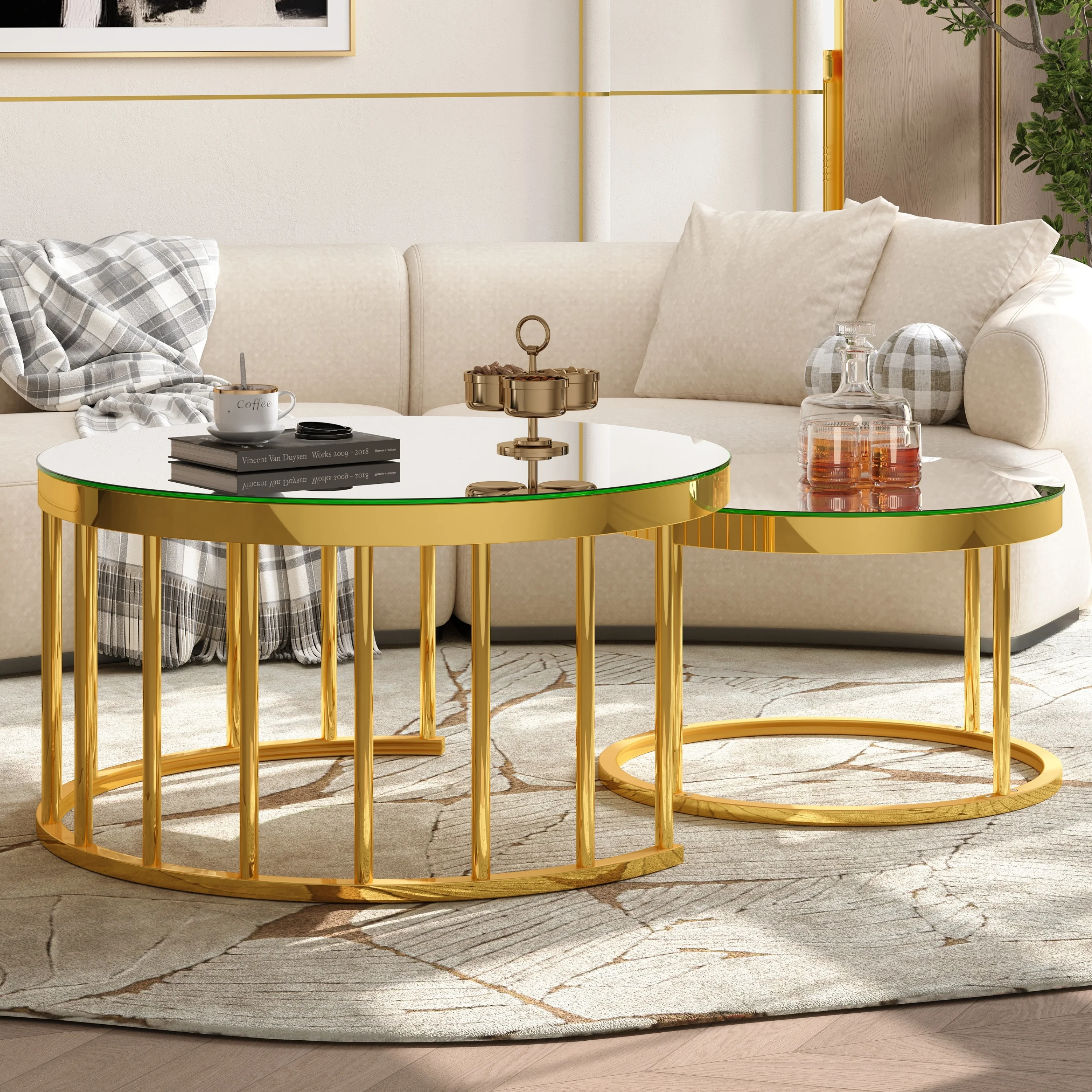 Round Nesting Coffee Table Set of 2, Modern Gold Metal Frame Circular Cocktail Table, Mirrored Finish Top Accent Nesting Tables for Living Room, Apartment