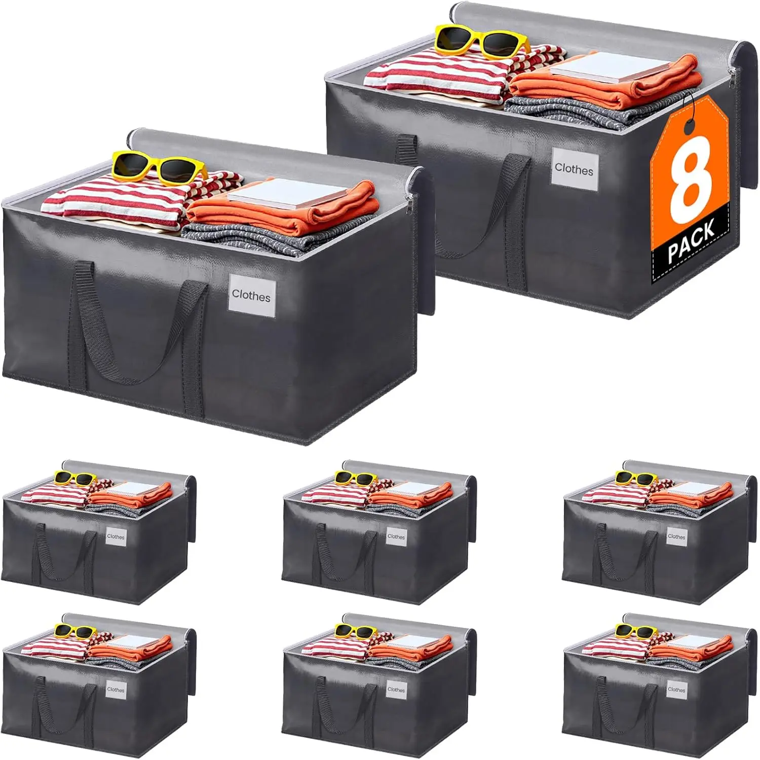 

8-Pack Heavy Duty Moving Bags with Zipper, Handles & Tags for College Dorm Storage, Foldable Grey Totes (125L)