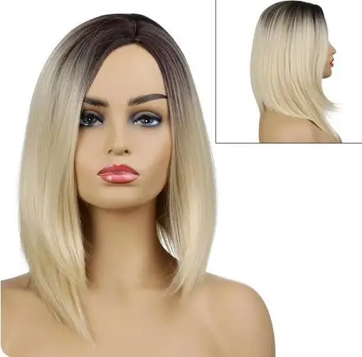 Peluca de pelo corto y liso para mujer, pelo de Cosplay, mezcla de rubio dorado y marrón degradado, moda