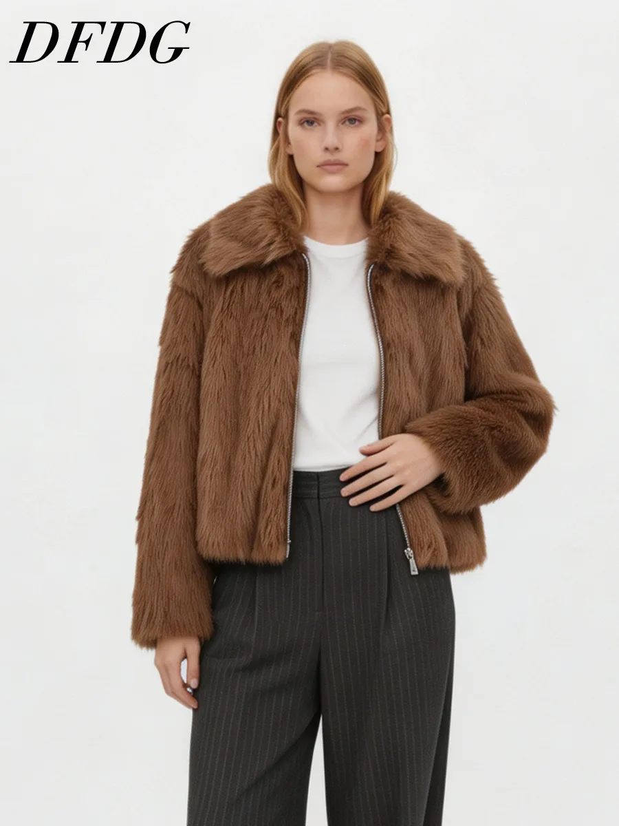 DFDG Women 2026 Lapel Zipper Up Cropped Faux Fur Jacket Loose Plush Warm Winter Outerwear Casual Street Daily Fashion Coat