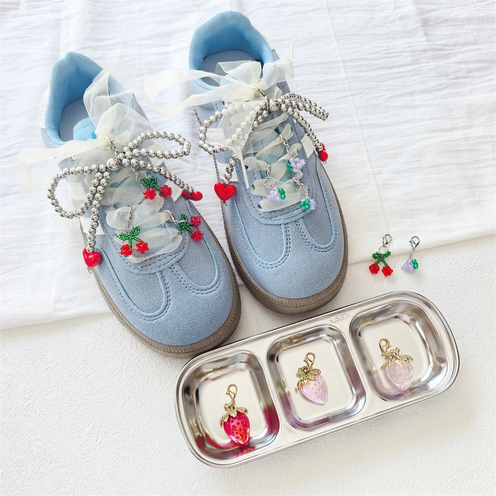 Shoe Charms Korean Ballet Style Heart Silver Pearl Bow Cherry Strawberry Grape Beaded Sneakers Buckle Decoration