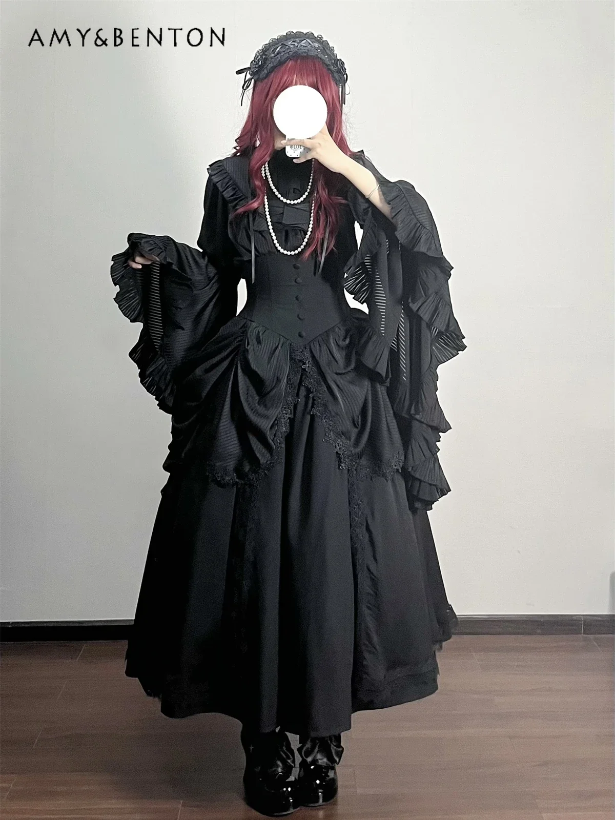 Subculture Lolita Goth Suit Gorgeous Elegant Ruffled Flared Sleeve Shirt High Waist Midi Skirt Two Piece Sets Womens Outifits