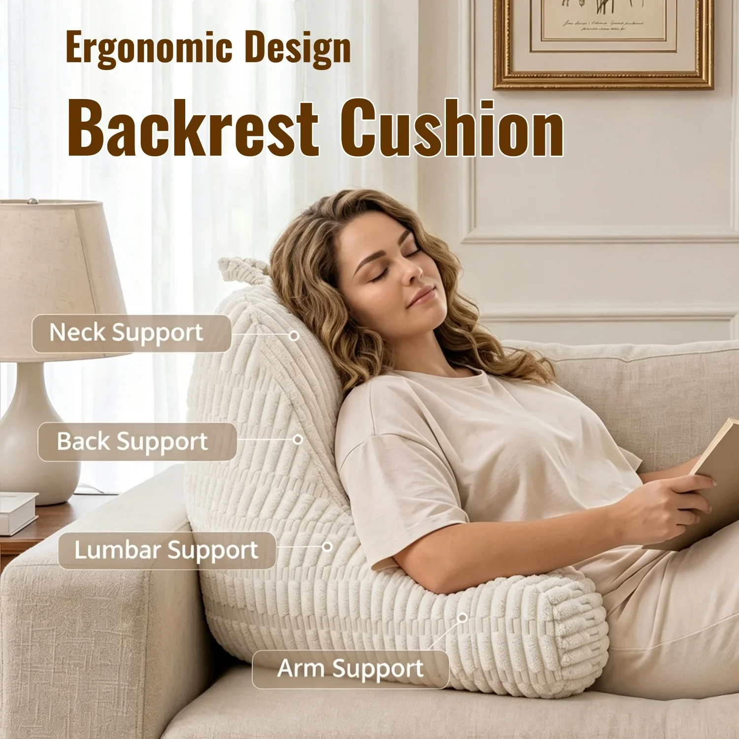 Thickened Backrest Cushion with Neck,Back,Lumbar and Arm Support Comfy Reading Pillow for Bed Sitting Up Soft Bed Back Cushion