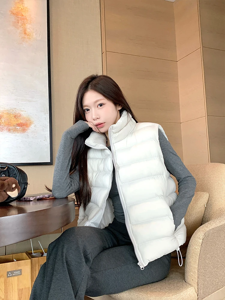 MosesQueen Pink Stand Collar Cotton Vest Outerwear Women's Autumn Winter Warm Layering Top Zipper Closure  Color