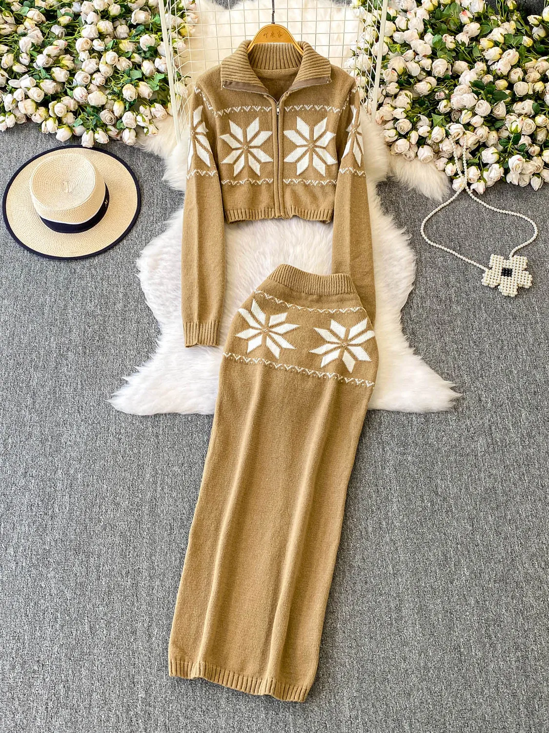 Ladies Faionable Winter Outfit Embroidered Knitted High Waist Slim Fit Split f Skirt Zipper Open Cardigan Ele Sle - Image 2