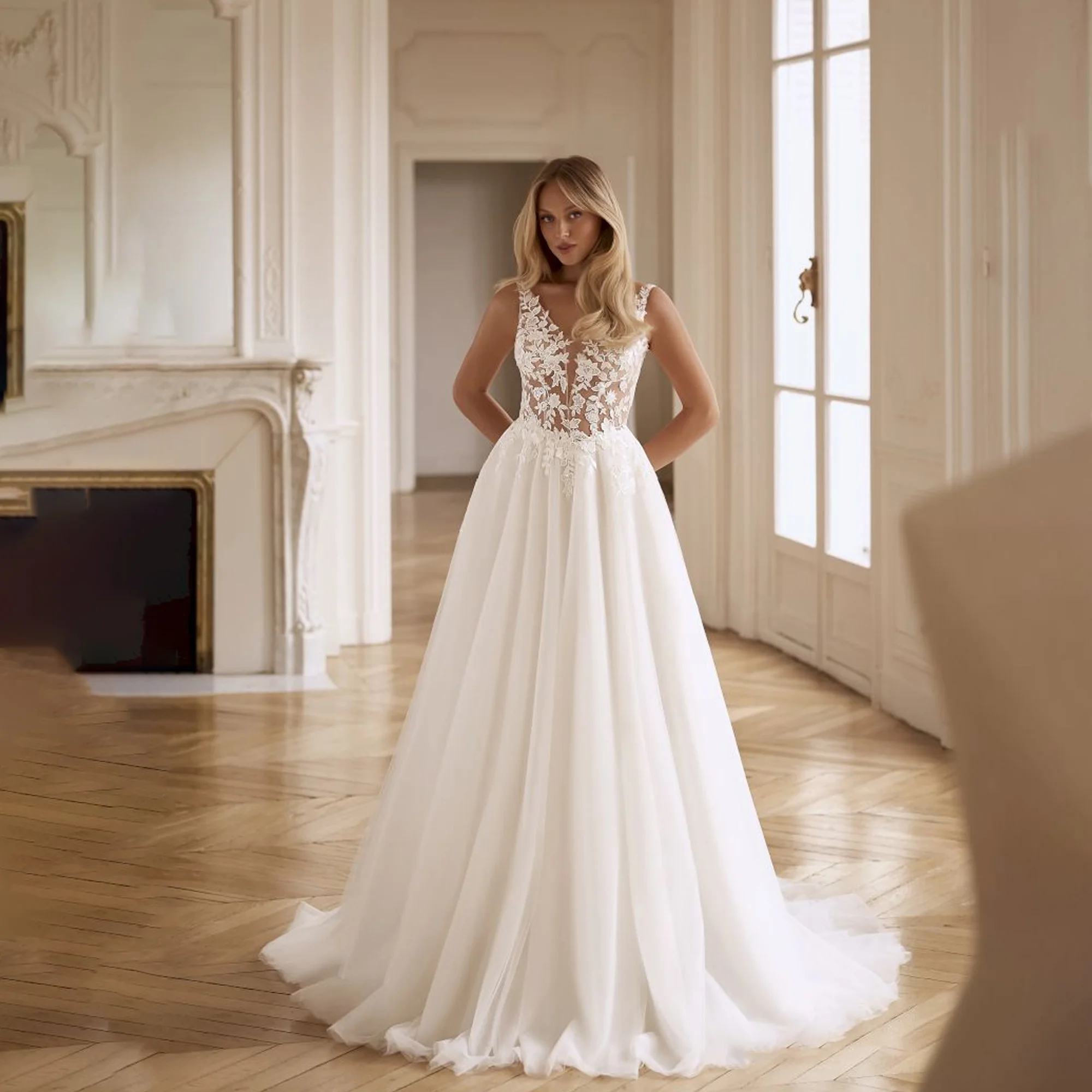 Backless Boho Wedding Dresses For Women Sleeveless Applique V-Neck Bride Gowns A Line Tulle Vestido De Novia 2027 Customizzed