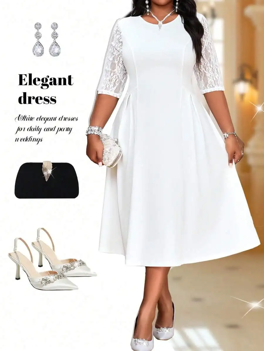

White Plus Size Lace Sleeve A-Line Elegant Party Dress for Weddings & Formal Events