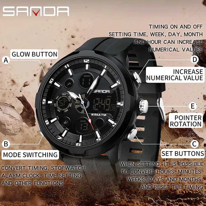 SANDA Top Brand G Style Men Watches 50M Waterproof Sports Military Quartz Watch For Male Double Display Digital Wristwatch Clock