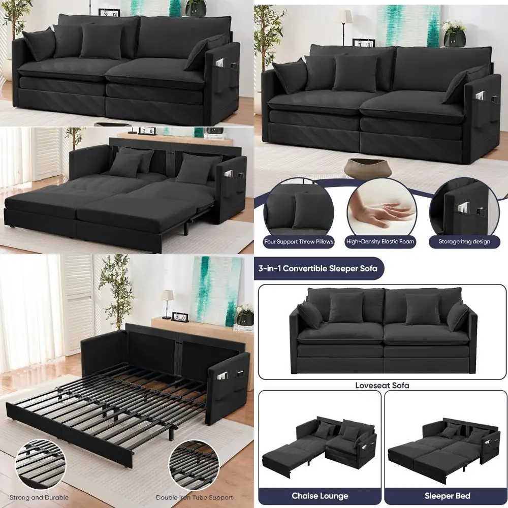 Бархатный диван-кровать размера «king-size» 3-в-1 с выдвижным механизмом, спальный диван для небольших помещений с подушками и боковым карманом