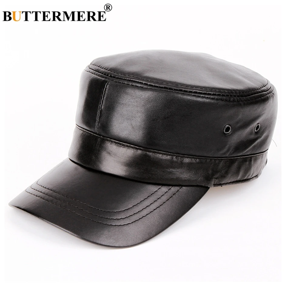 BUTTERMERE Army Hats Military Style Men Black Flat Caps Male Real Sheepskin Leather Sailor Hat Adjustable Winter Captain Caps