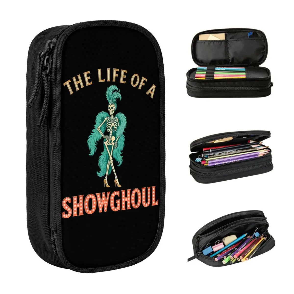 The Life Of A Showghoul Retro Halloween Show Skeleton Girl Pencil Case Canvas Pencil Pouch Boy Girl Aesthetic Large Pencil Cases